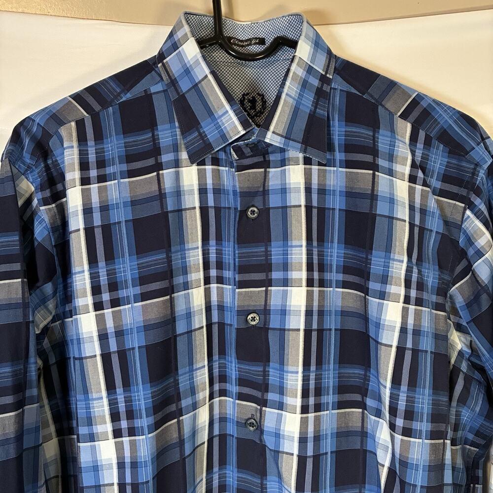 💰Bugatchi Uomo Mens Plaid Classic Fit Button Down Shirt Size L Navy Blue Cotton